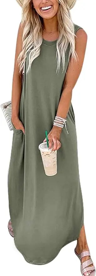Mavi™ | Women's Sleeveless Maxi Dress – Loose Fit Side Slit Beach Vacation Sundress oaklynwear