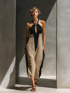 Tanya | Women's Black And Beige Cotton Blend Halter Neck Midi Dress oaklynwear