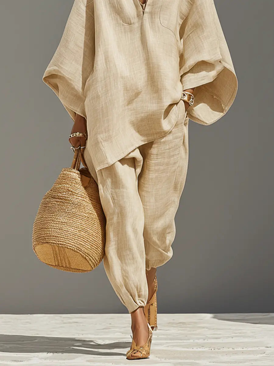Nadia | Women's Neutral Linen Set With Asymmetric Hem & Minimalist Design oaklynwear