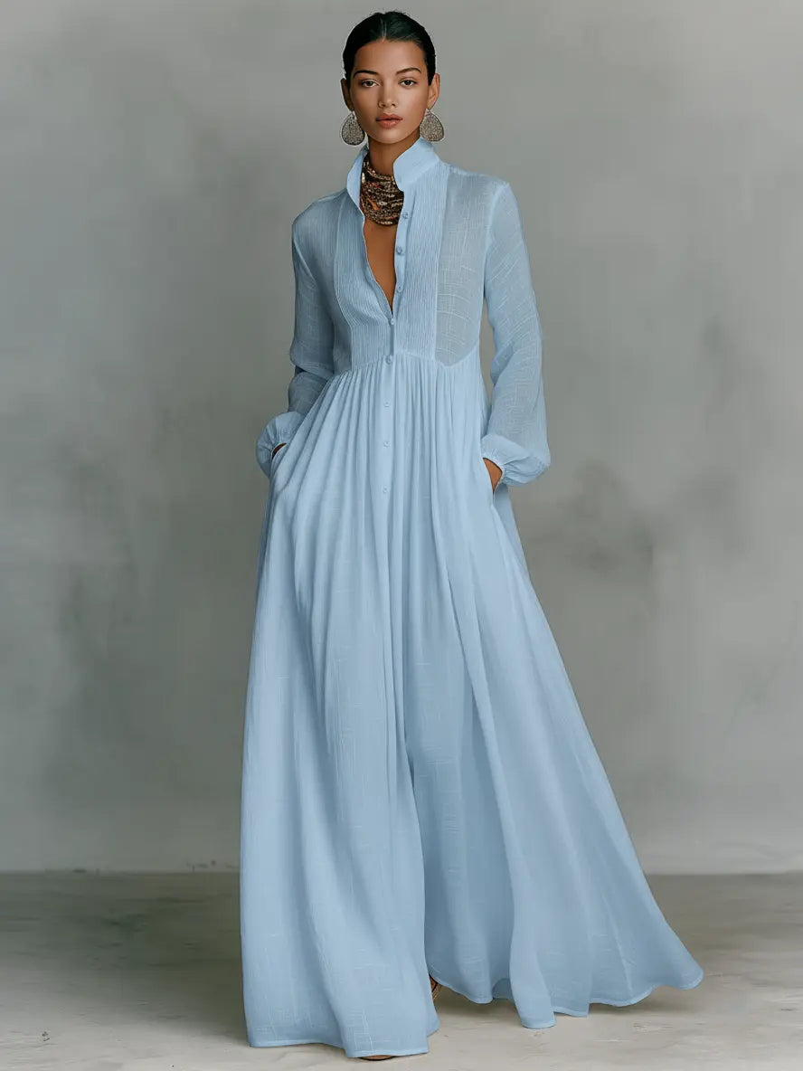 Miriam | Minimalist Cotton And Linen Patchwork Long-Sleeved Maxi Dress oaklynwear