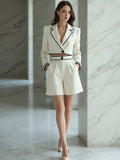 Cream Colored Short Blazer With Black Piping And High Waisted Pleated Shorts 2-Piece Suit oaklynwear