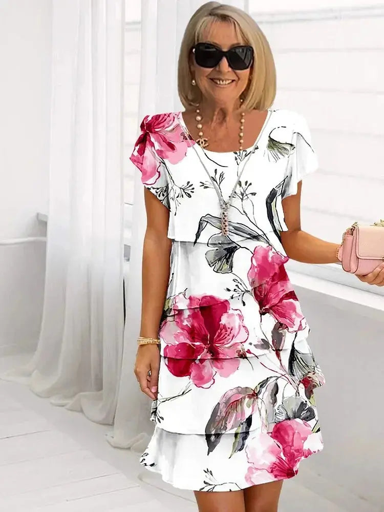 Oaklyn Watercolor Floral Tiered Dress – Scoop Neck Flutter Sleeve Double Ruffle Hem Midi Style oaklynwear