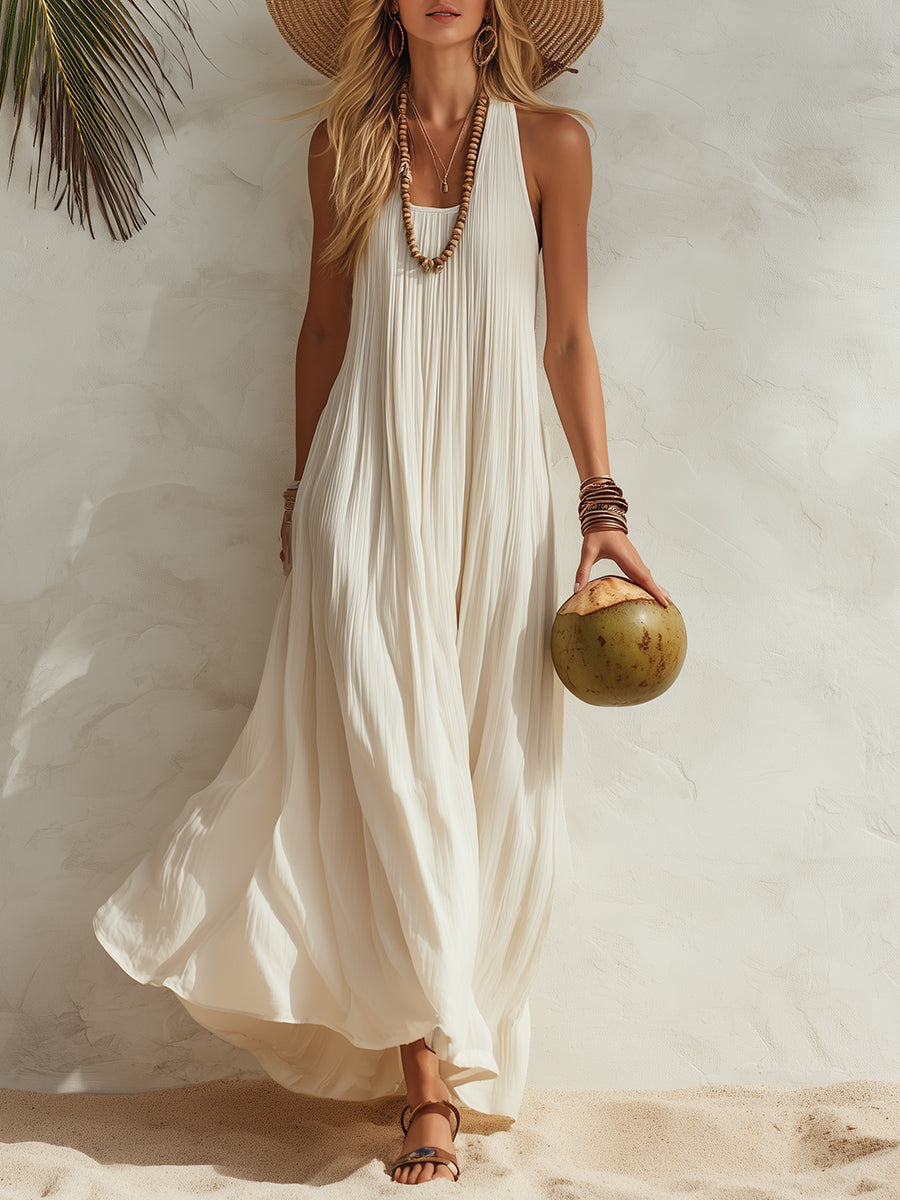 Elegant Coastal Resort Cream White Sleeveless Maxi Dress oaklynwear