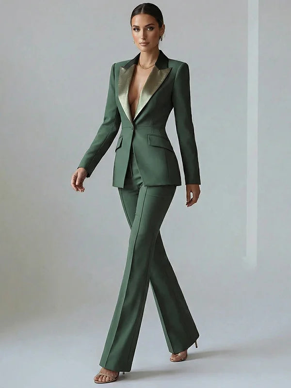 Solid Color Blocked Satin Lapel Blazer Trousers 2-Piece Suit oaklynwear