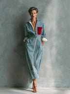 Rosie | Women's Blue And White Cotton Blend Striped Shirt Dress With Red Chest Pocket oaklynwear