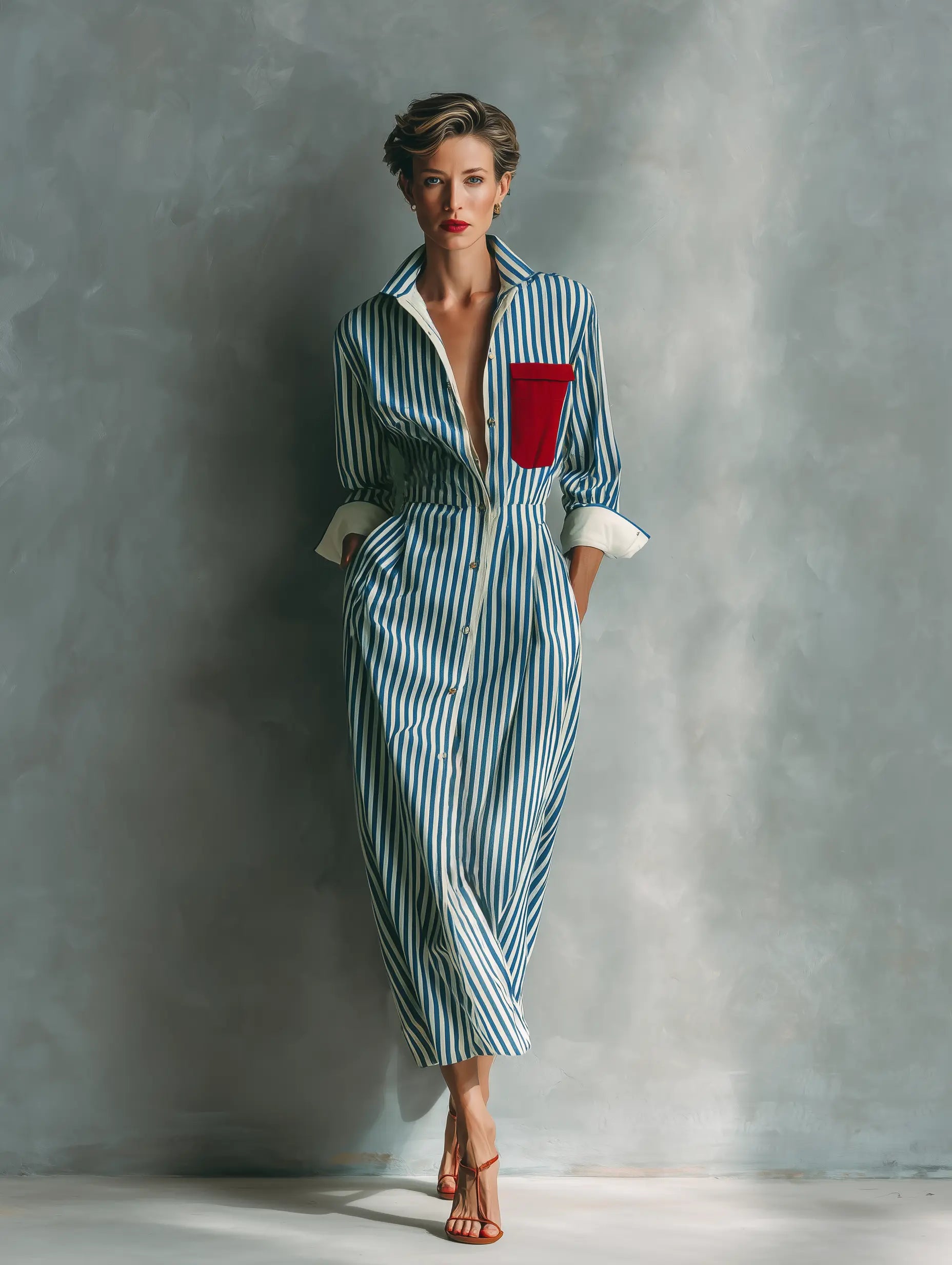 Rosie | Women's Blue And White Cotton Blend Striped Shirt Dress With Red Chest Pocket oaklynwear