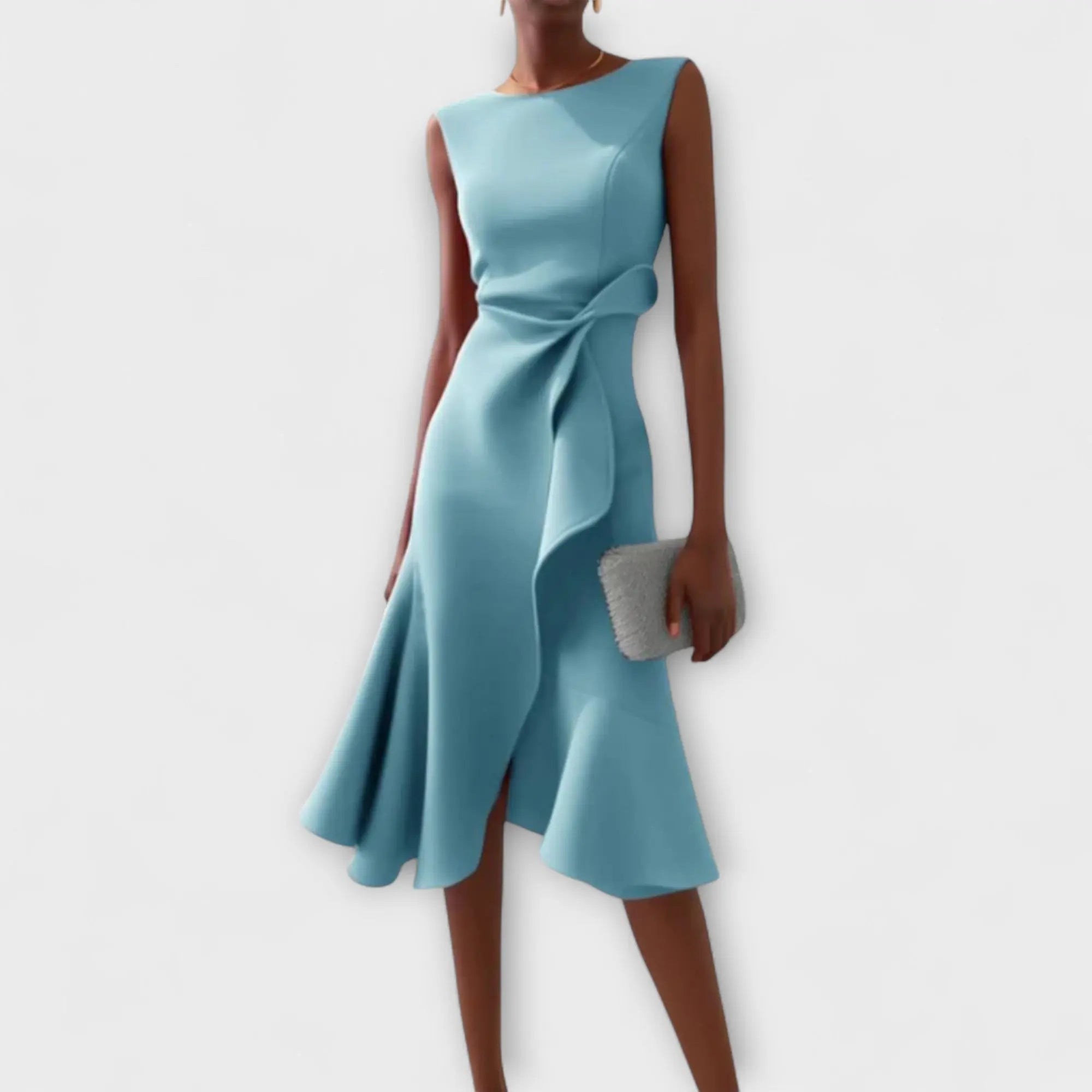 Oaklyn Asymmetric Ruffle Midi Dress – Boat Neck Sleeveless Formal Elegance oaklynwear