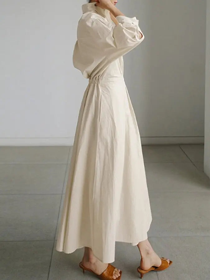 Oaklyn Cream Structured Shirt Dress – Collar Puff Sleeve Cinched Waist Pleated Midi Elegant Style oaklynwear