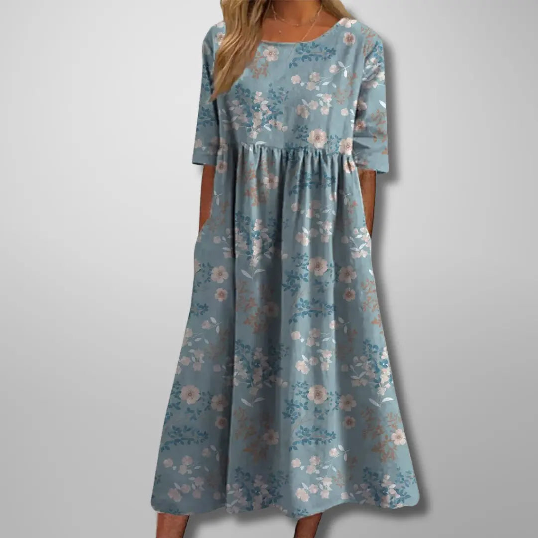 Oaklyn Floral Relaxed Midi Dress – Round Neck Elbow Sleeve Everyday Style oaklynwear