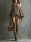 Amber | Women's Brown Off-Shoulder Knit Mini Dress oaklynwear