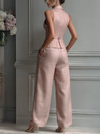 Lily | Women's Blush Pink Linen Fabric Sleeveless Vest & Wide-Leg Pants Two-Piece Set With Lapel Collar oaklynwear