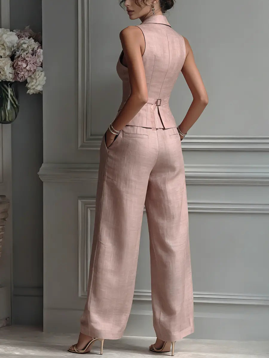 Lily | Women's Blush Pink Linen Fabric Sleeveless Vest & Wide-Leg Pants Two-Piece Set With Lapel Collar oaklynwear