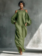 Flora | Women's Light Green Cold-Shoulder Maxi Dress With Oversized Puff Sleeves & Side Pockets oaklynwear