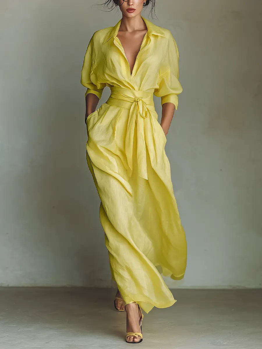 Goldie | Women's Lemon Yellow Cotton And Linen Blend Maxi Shirt Dress With Tie Waist & Half Sleeves oaklynwear
