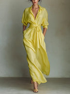 Goldie | Women's Lemon Yellow Cotton And Linen Blend Maxi Shirt Dress With Tie Waist & Half Sleeves oaklynwear