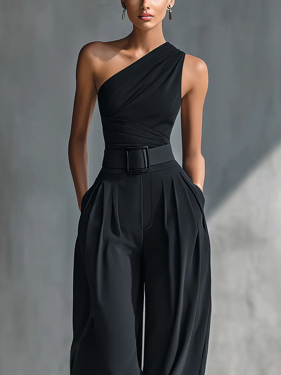 Naomi | Women's Black High-Elastic Knit Top And Acetate Wide-Leg Pants oaklynwear