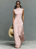 Ingrid | Women's Minimalist Linen-Blend Stand-Collar Single-Breasted Sleeveless Maxi Dress oaklynwear