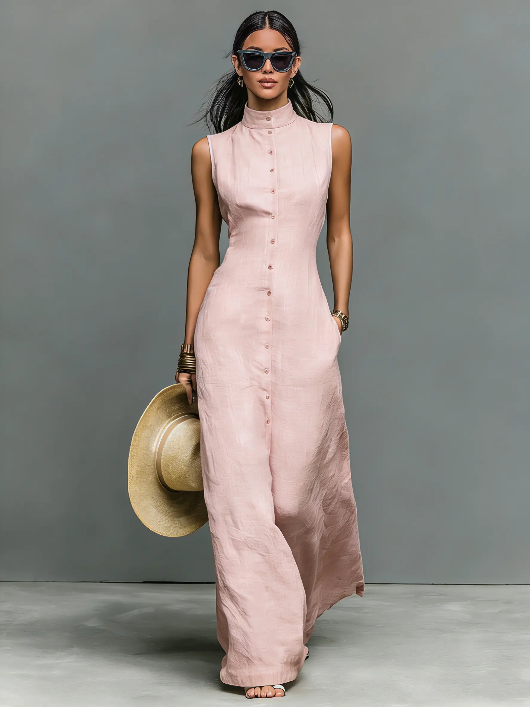 Ingrid | Women's Minimalist Linen-Blend Stand-Collar Single-Breasted Sleeveless Maxi Dress oaklynwear