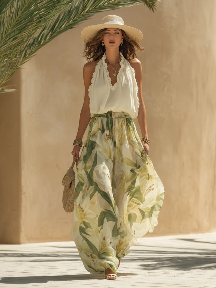 Lily | Ruffled Chiffon Top Printed Pants Set oaklynwear