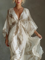 Serena | Women's Ivory And Taupe Chiffon Fabric Dolman Sleeve Maxi Dress oaklynwear