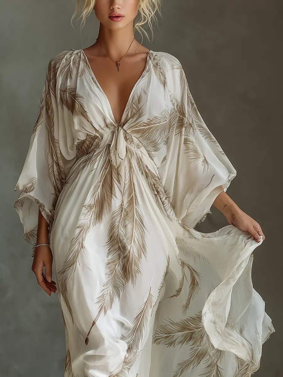 Serena | Women's Ivory And Taupe Chiffon Fabric Dolman Sleeve Maxi Dress oaklynwear