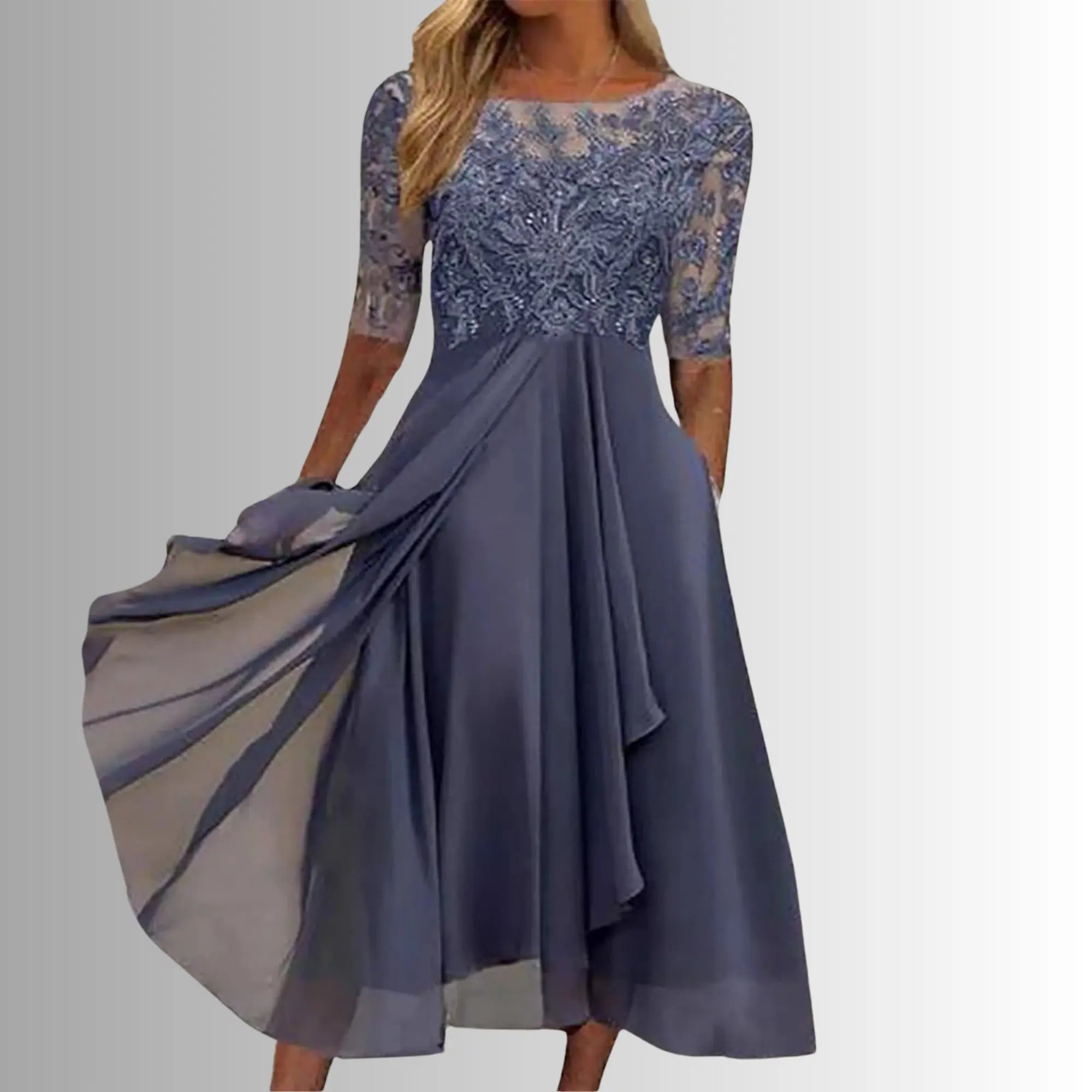 Oaklyn Lace Tea Length Dress – Round Neck Elbow Sleeve Formal Elegance oaklynwear