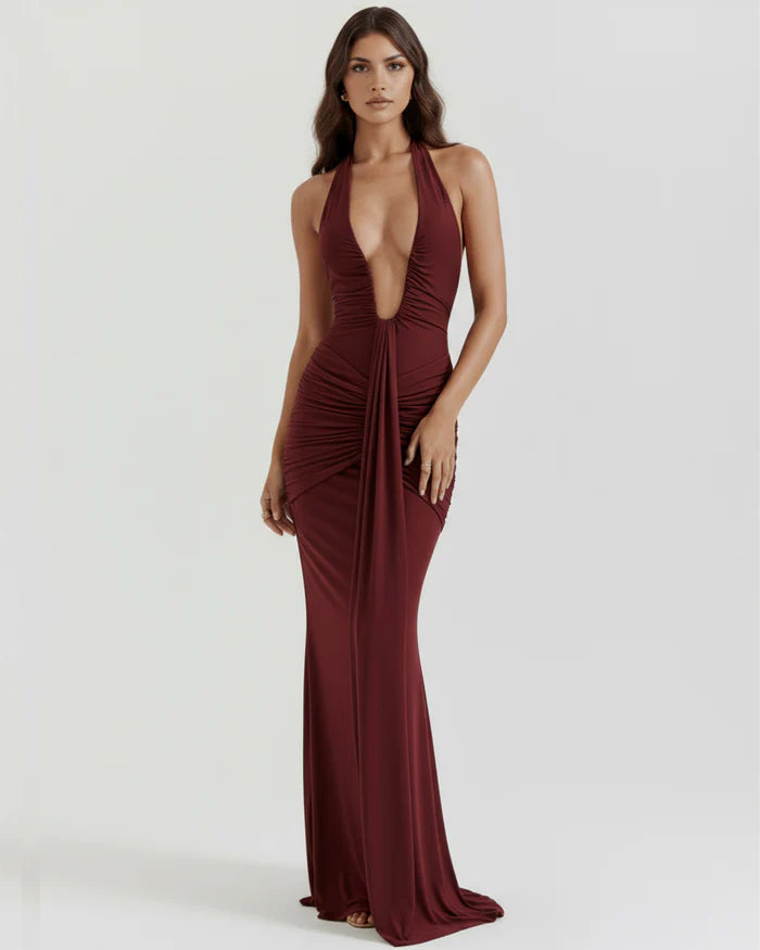 Seraphina | Plunging Halter Ruched Maxi Dress oaklynwear