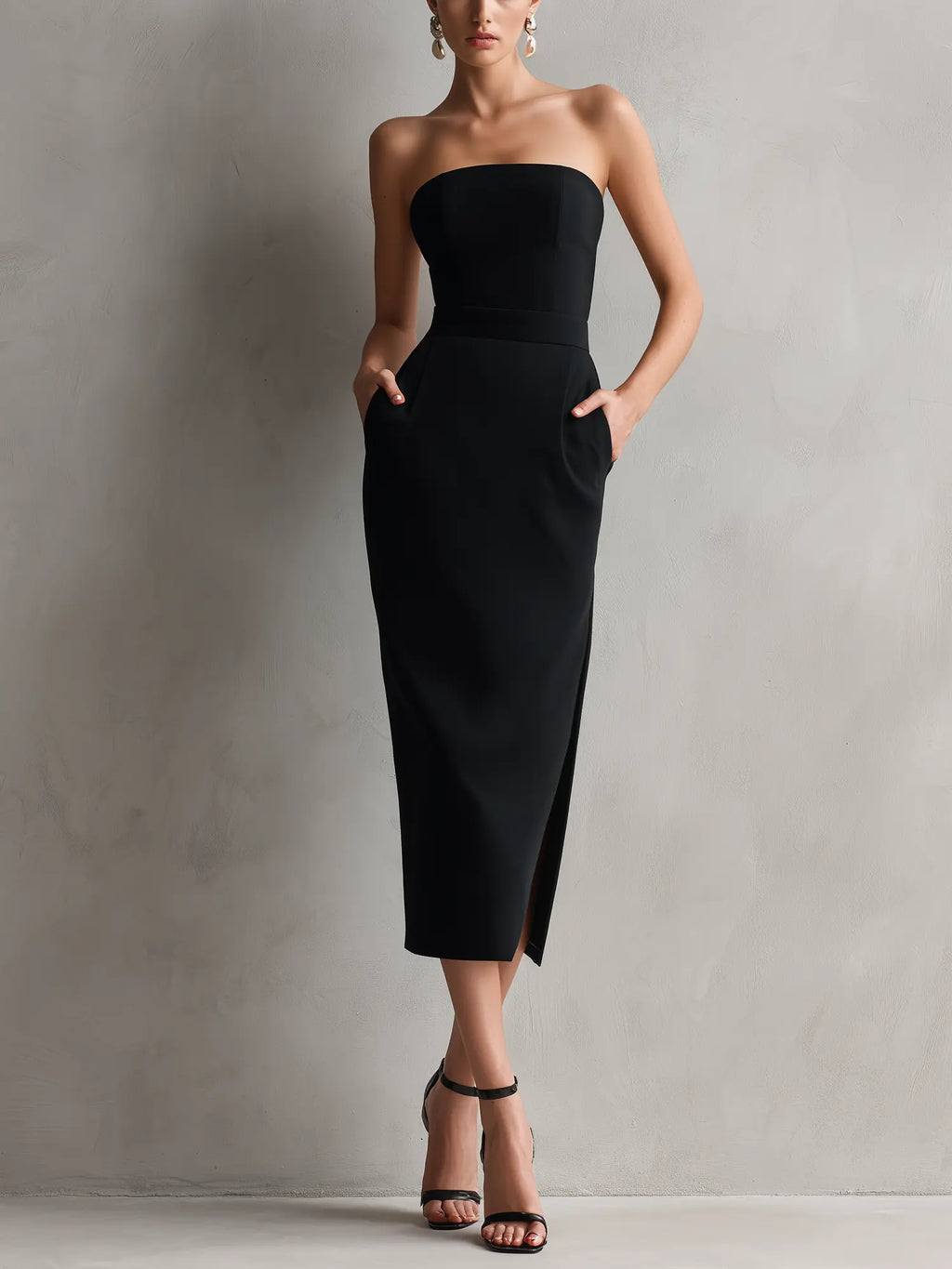 Victoria | Women's Elegant Black Stretch Strapless Bodycon Midi Dress oaklynwear