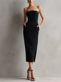 Victoria | Women's Elegant Black Stretch Strapless Bodycon Midi Dress oaklynwear