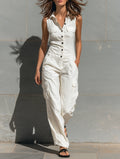 Clara | Women's Minimalist Cotton Blend Single-Breasted Sleeveless Jumpsuit oaklynwear