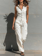Clara | Women's Minimalist Cotton Blend Single-Breasted Sleeveless Jumpsuit oaklynwear