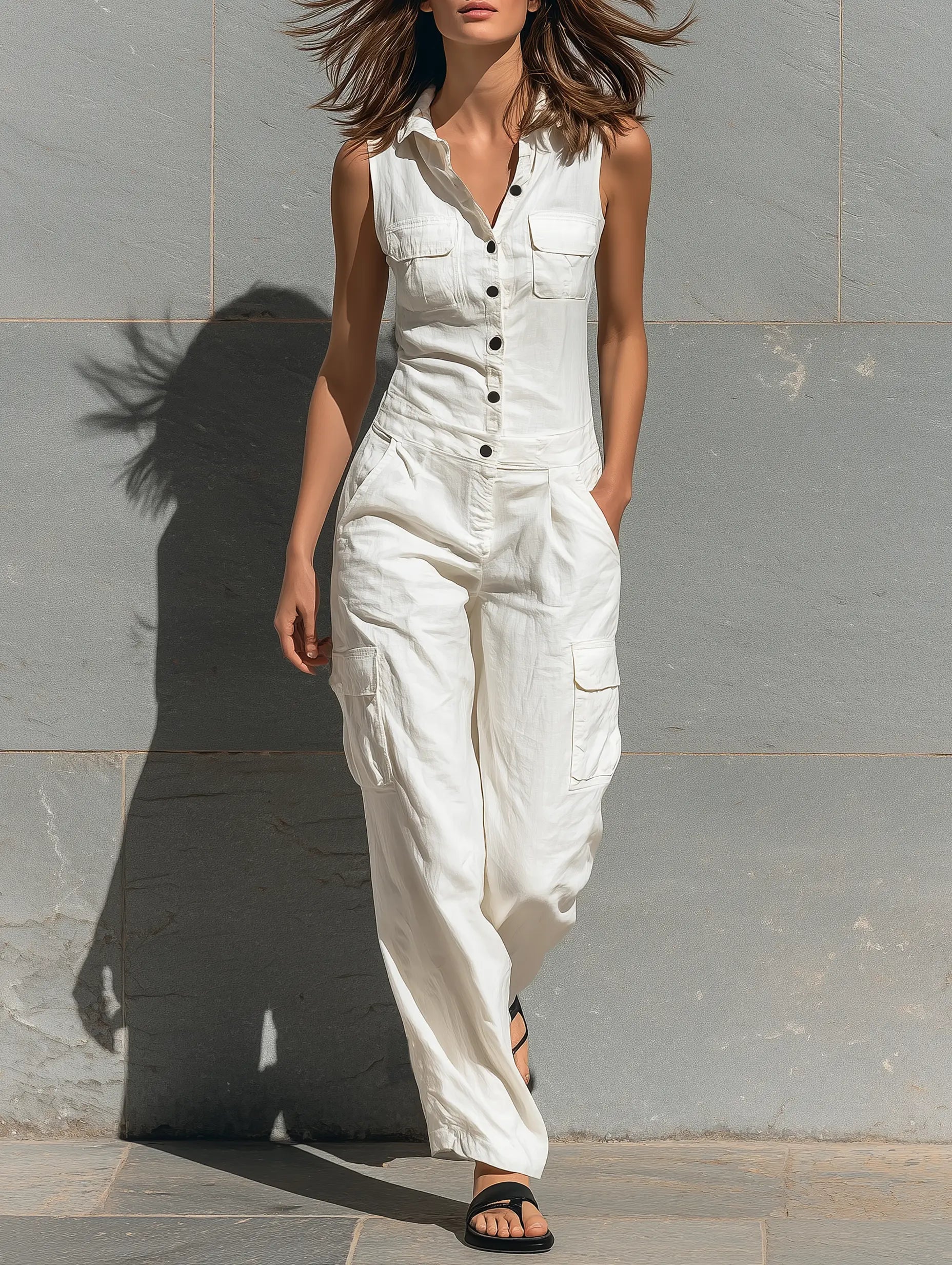 Clara | Women's Minimalist Cotton Blend Single-Breasted Sleeveless Jumpsuit oaklynwear