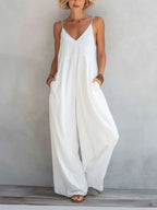 June| Women's Casual White Cotton-Linen Blend Sleeveless Loose Jumpsuit oaklynwear