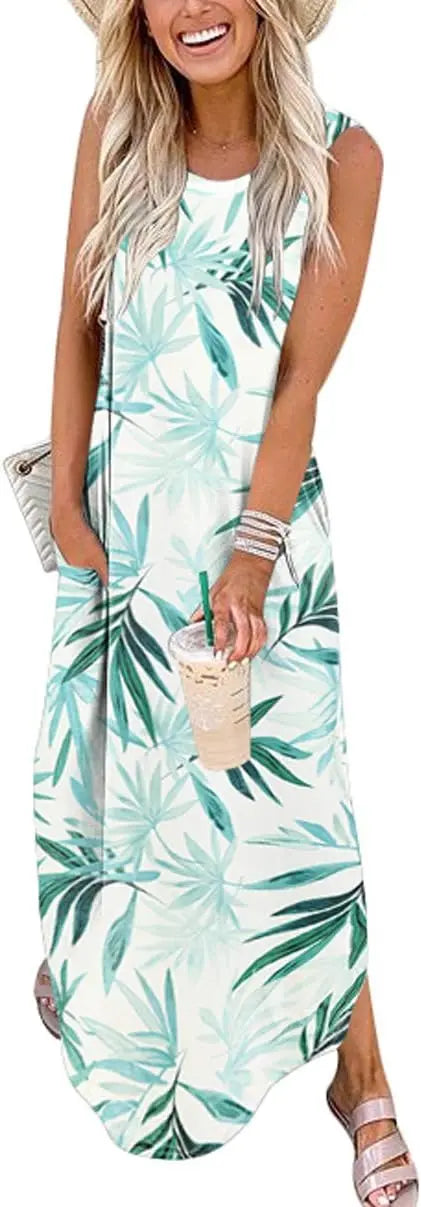 Mavi™ | Women's Sleeveless Maxi Dress – Loose Fit Side Slit Beach Vacation Sundress oaklynwear