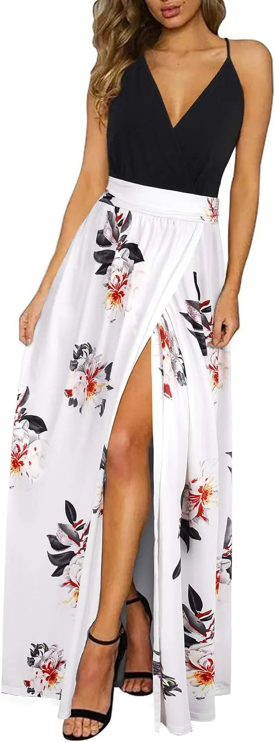 Vibe™ | Women's Floral Boho Maxi Dress – Spaghetti Strap V-Neck Side Split Flowy Beach Dress oaklynwear