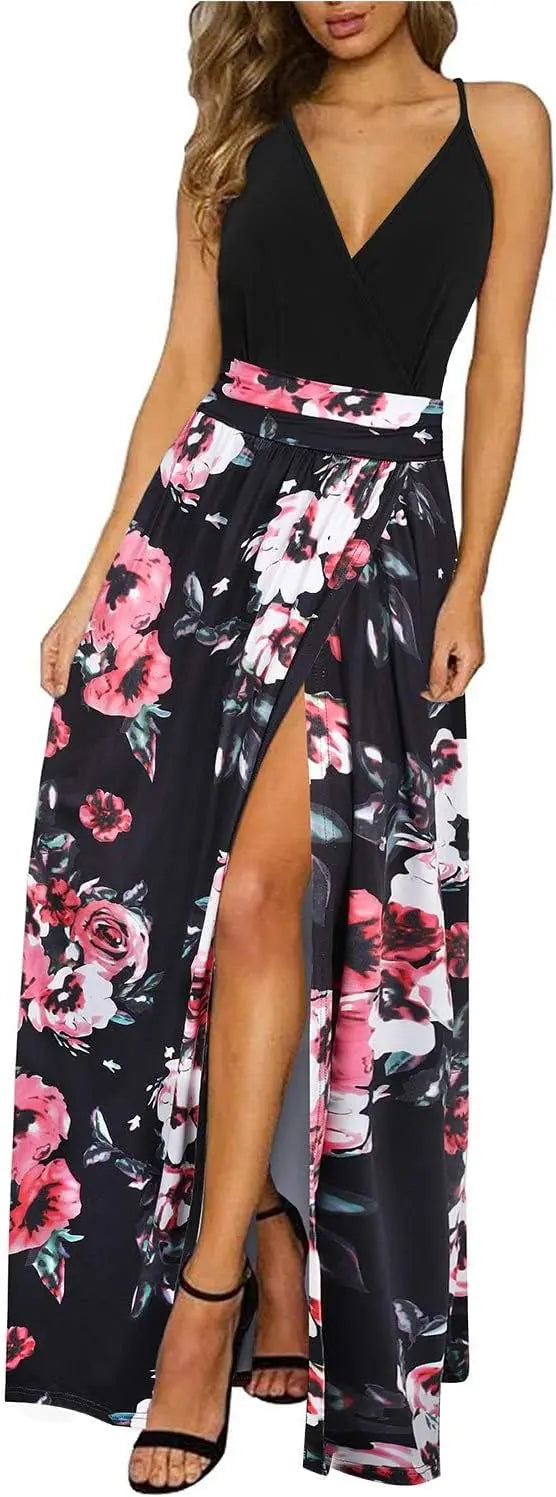 Vibe™ | Women's Floral Boho Maxi Dress – Spaghetti Strap V-Neck Side Split Flowy Beach Dress oaklynwear