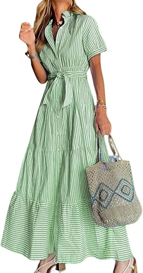 Stripe™ | Women's Striped Button-Down Maxi Shirt Dress – Tie Waist Ruffle Hem A-Line Dress oaklynwear
