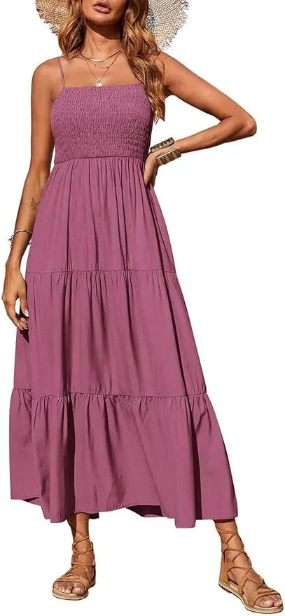Cami™ | Women's Smocked Tiered Maxi Dress – Spaghetti Strap Elastic Waist Flowy Boho Beach Sundress oaklynwear