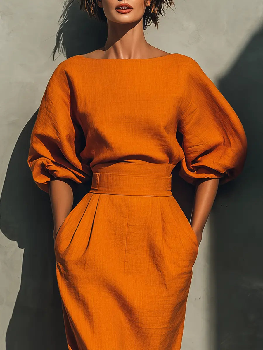Claudia | Women's Orange Mid-Sleeve Top And Midi Skirt Set oaklynwear