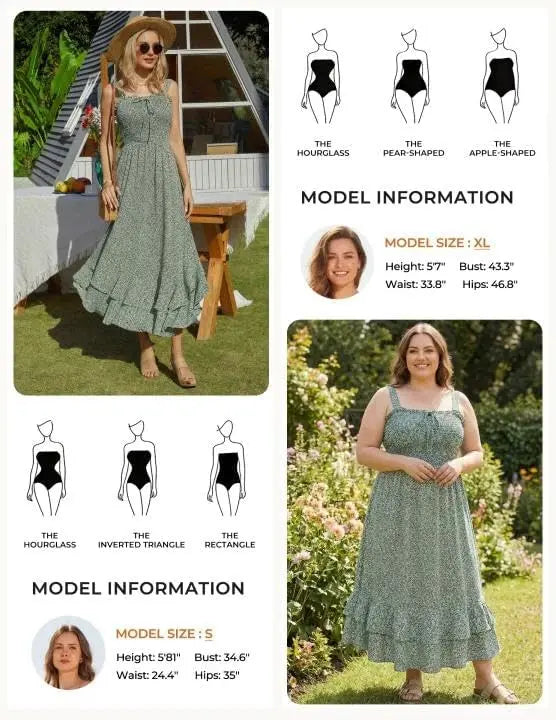 Sway™ | Women's Floral Smocked Maxi Dress – Square Neck Adjustable Strap Tiered Ruffle Beach Sundress oaklynwear