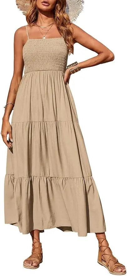 Cami™ | Women's Smocked Tiered Maxi Dress – Spaghetti Strap Elastic Waist Flowy Boho Beach Sundress oaklynwear