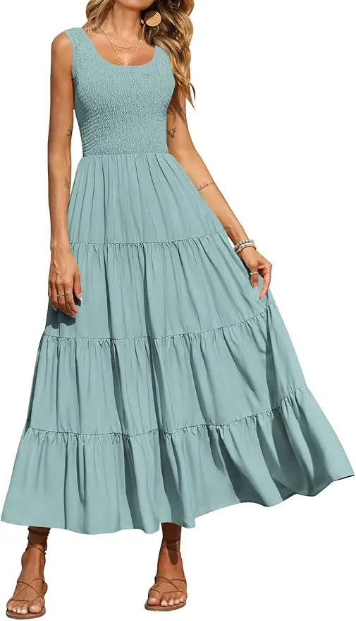 Tiara™ | Women's Smocked Tank Tiered Maxi Dress – Sleeveless Flowy A-Line Beach Sundress oaklynwear
