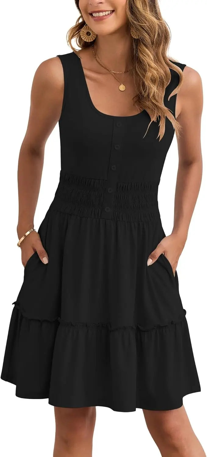 Dove™ | Women's Tiered Smocked Sundress with Pockets – Button Down Elastic Waist Beach Dress oaklynwear