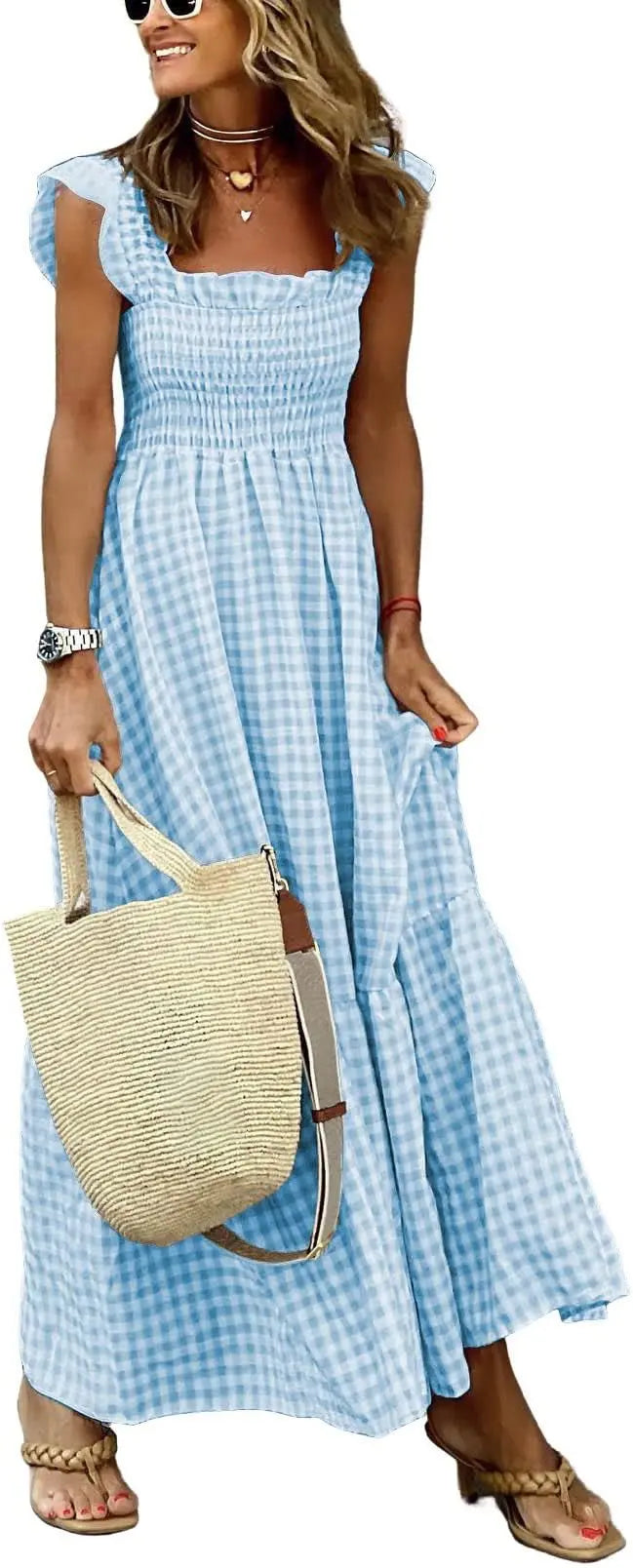 Plaid™ | Women's Retro Smocked Plaid Maxi Dress with Pockets – Spaghetti Strap Flounce A-Line Dress oaklynwear
