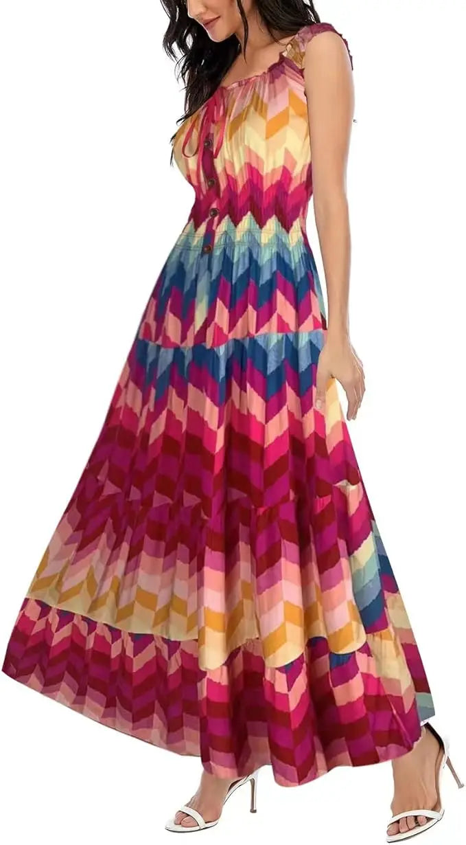 Bora™ | Women's Boho Floral Tiered Maxi Dress – Sleeveless Scoop Neck A-Line Beach Vacation Dress oaklynwear