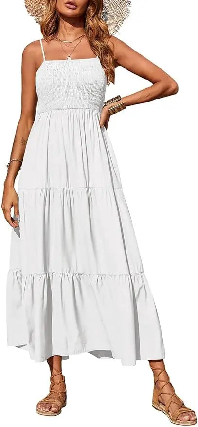 Cami™ | Women's Smocked Tiered Maxi Dress – Spaghetti Strap Elastic Waist Flowy Boho Beach Sundress oaklynwear