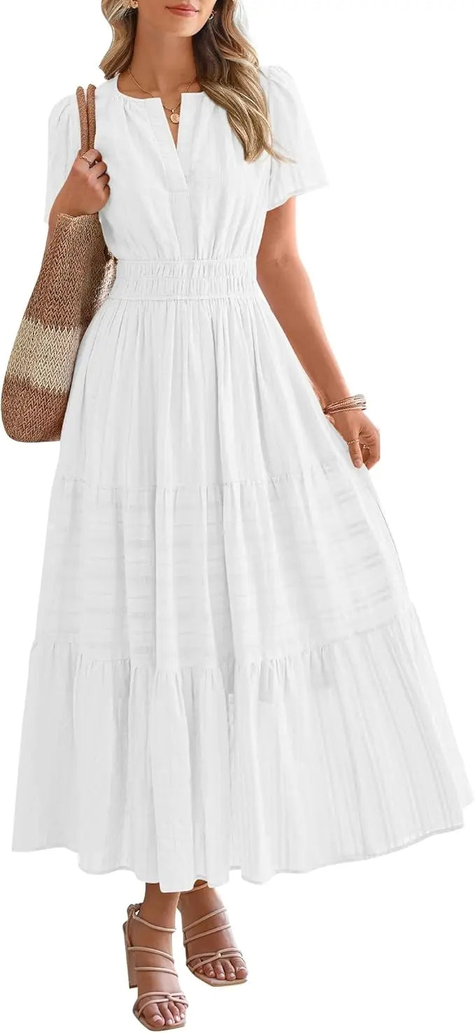 Fable™ | Women's Tiered Boho Maxi Dress with Pockets – V-Neck Short Sleeve Elastic Waist Beach Dress oaklynwear