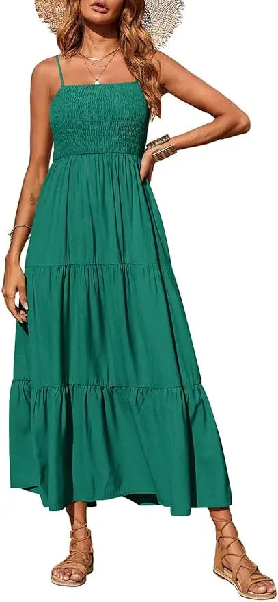 Cami™ | Women's Smocked Tiered Maxi Dress – Spaghetti Strap Elastic Waist Flowy Boho Beach Sundress oaklynwear