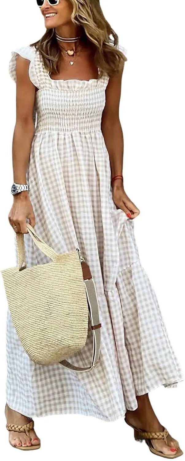 Plaid™ | Women's Retro Smocked Plaid Maxi Dress with Pockets – Spaghetti Strap Flounce A-Line Dress oaklynwear