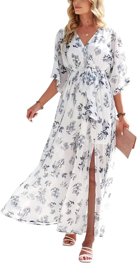 Wrap™ | Women's Boho Floral Wrap Maxi Dress – V-Neck 3/4 Sleeve Belted Slit Beach Wedding Dress oaklynwear